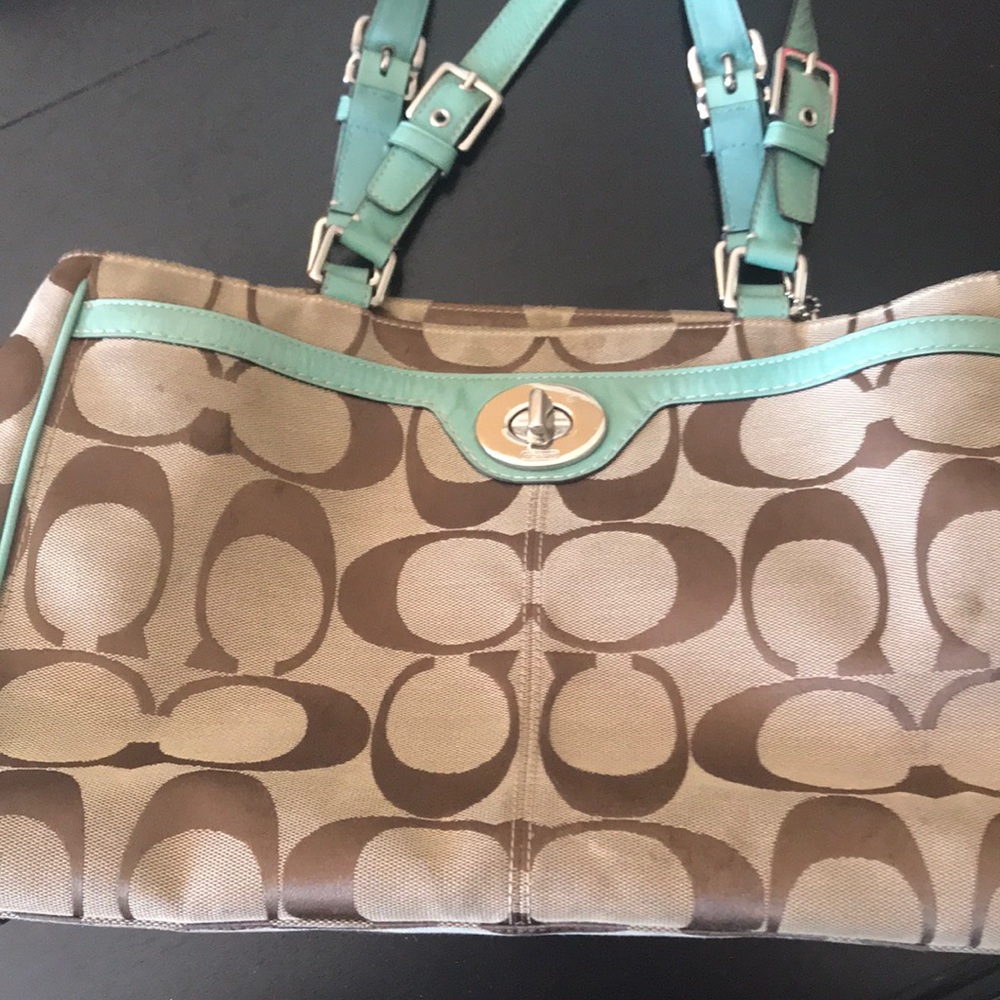 Coach signature handbag with teal trim